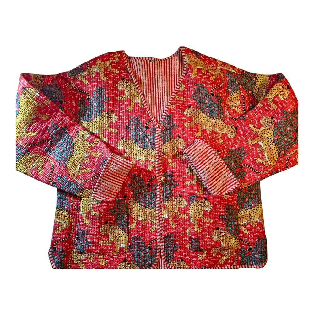 Artisan screen-print quilted jacket, jungle leopards, 100 % cotton, reversible